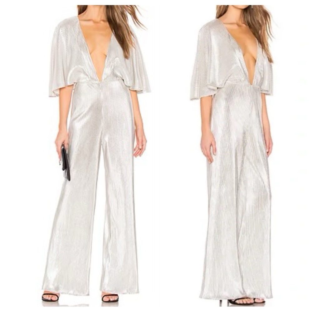 Lovers + Friends Harper NYE Holiday Silver Disco Pleated Jumpsuit M